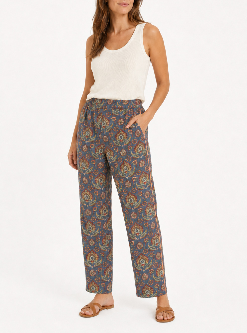 Sundance Pants Women M Blue Floral Paisley Cotton Pull On Boho cottagecore